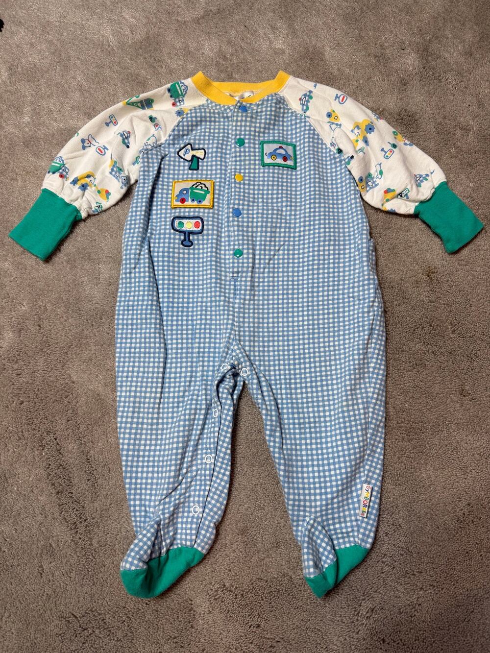Vintage Rainbow Gymboree Infant Boys Blue Green Plaid Trucks One Piece 6-12 mo
